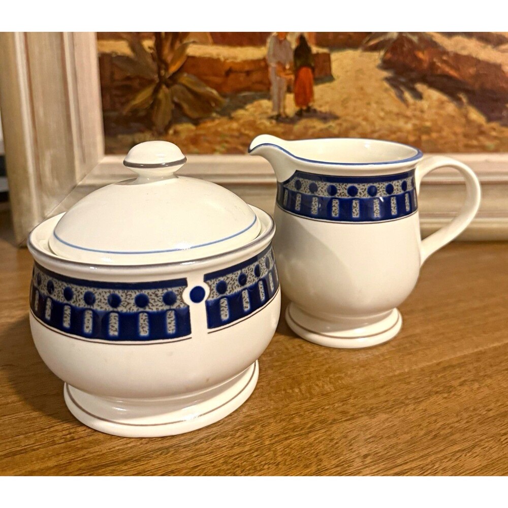 Mikasa Potter’s Touch Aztec Blue CB009 Creamer & Lidded Sugar Set Ceramic